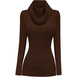 Women’s Coffee Cowl Neck Stretchable Knit Long Sleeve Bodycon Sexy Sweater